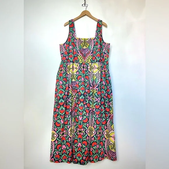 Boden Square Neck Cotton Midi Dress in Vibrant Folk Floral Print - Picture 2 of 15